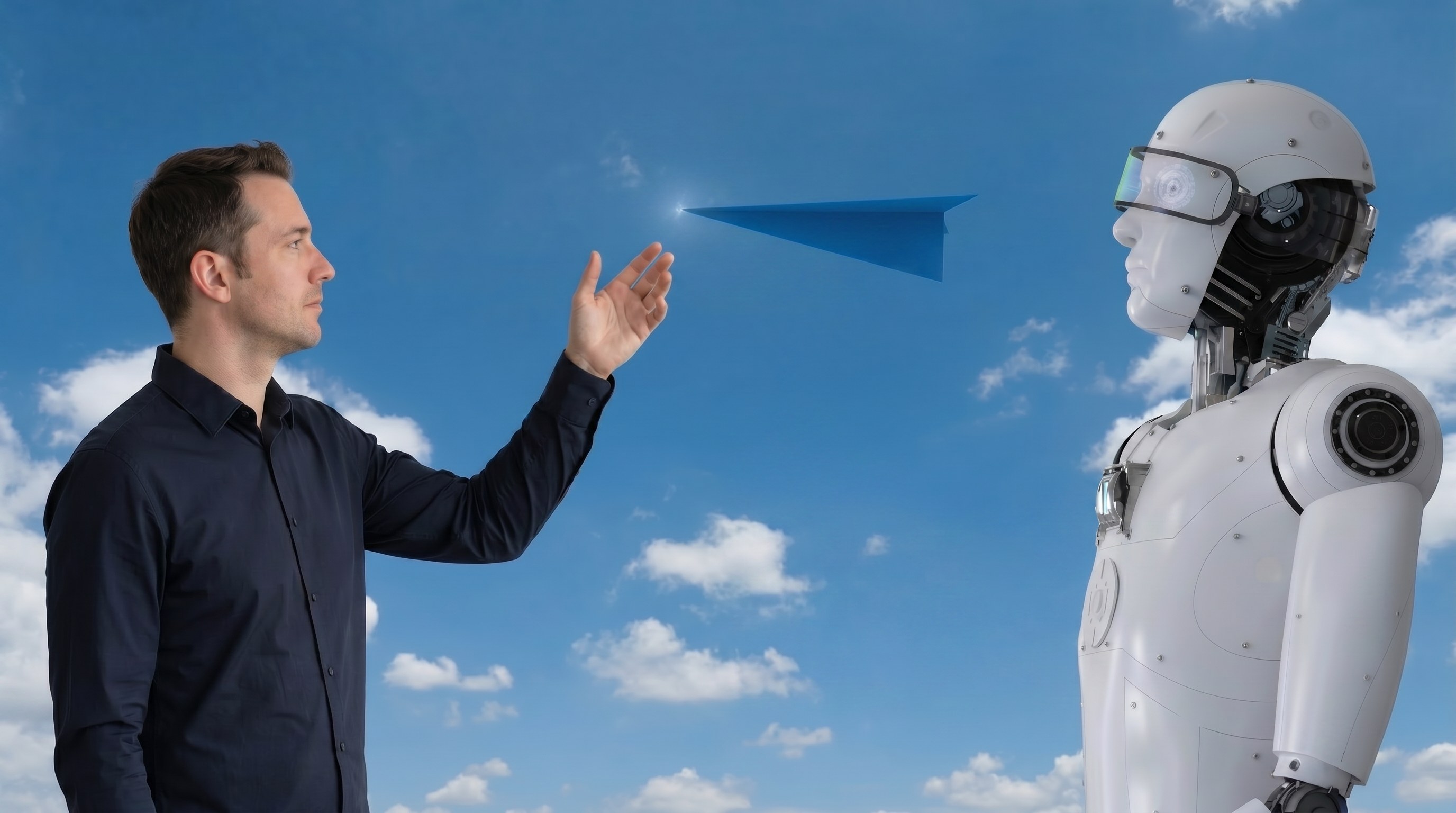 A humanoid AI robot handing a blue paper aeroplane to a human, who reaches out to receive it, against a blue sky